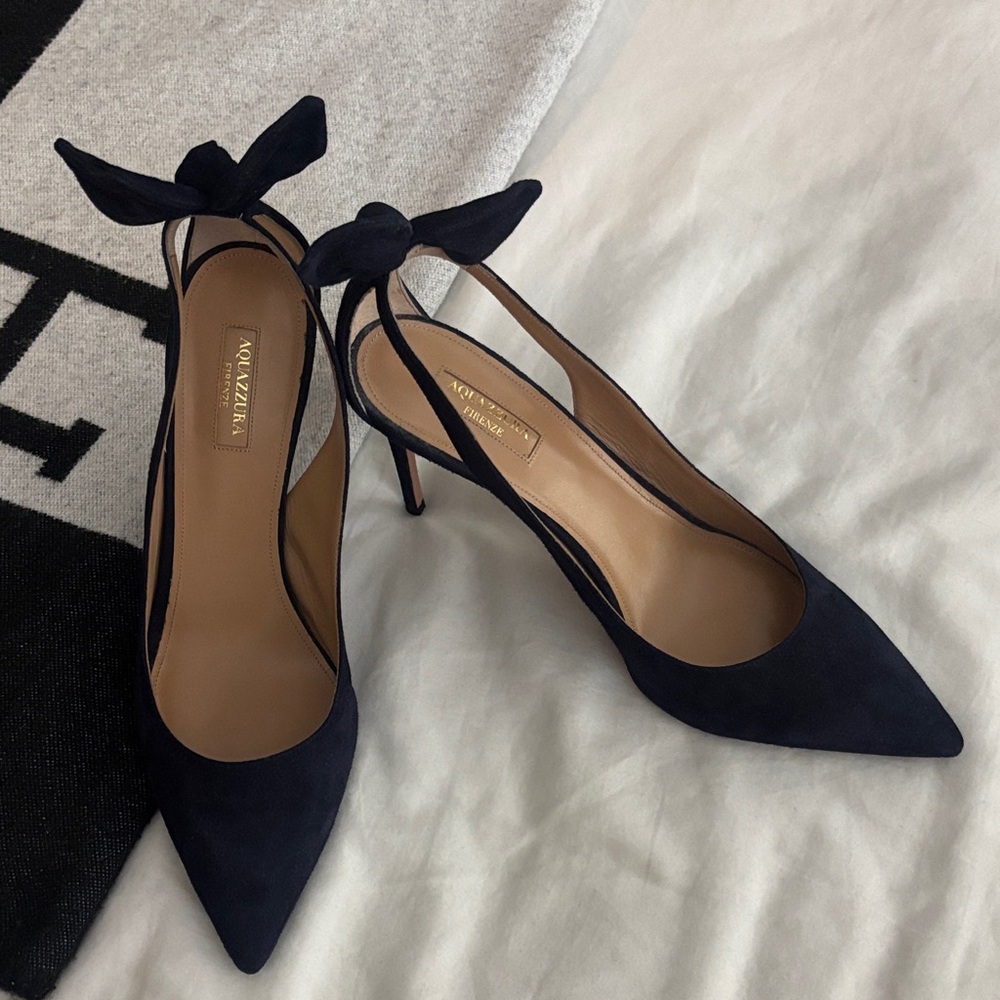 Aquazzura Navy Suede Heels with Bow Detail